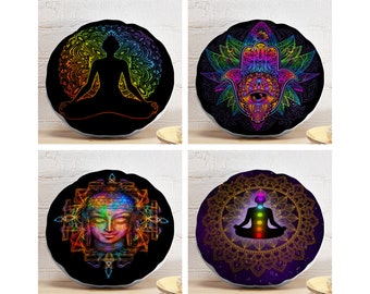 Meditation Round Pillow, Meditating Woman in Lotus Pose Circle Pillow, Buddha Pattern Round Cushion, Glowing Chakras Round Pillow and Insert