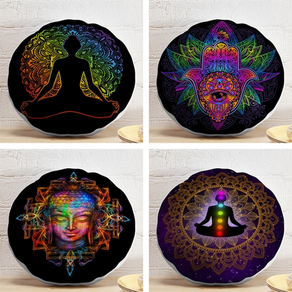 Meditation Round Pillow, Meditating Woman in Lotus Pose Circle Pillow, Buddha Pattern Round Cushion, Glowing Chakras Round Pillow and Insert