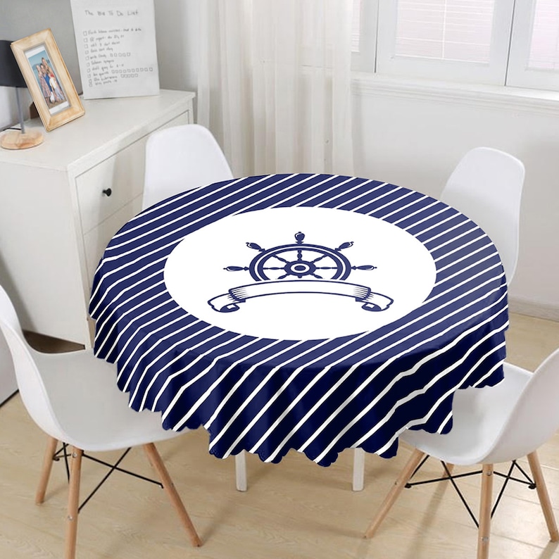 Nautical Round Tablecloth: Navy Blue Compass and Ship Wheel Design - Etsy