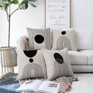 Abstract Pillow Case Set, Geometric Cushion Case, Black & Beige Cushion Cover, Mid Century Throw Pillow, Modern Arch and Circle Pillow Cover