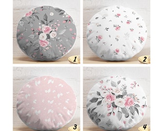 Pink & White Roses Round Cushion, Pink Floral Circle Pillow, Pink and Gray Round Pillow and Insert, Chic Chair Cushions, Floral Floor Pillow