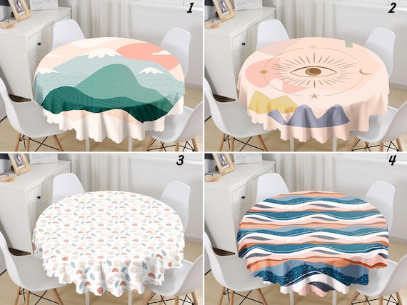 Nappe Ronde Abstraite, Nappe Circulaire Moderne Du Milieu Du Siècle, Linge De Table Paysage Abstrait, Dessus De Table Montagnes Et Soleil, Décoration De Table Bohème - France