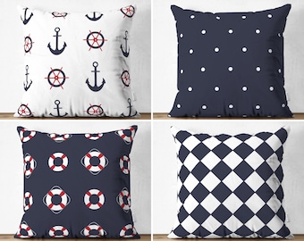 Anchor & Ship Wheel Sofa Pillowcase, Dark Blue Lifebuoy Pillow Sham, Navy Blue Check Pillow Covers, Outdoor Nautical Pillow Top, Home Gift