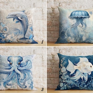 Throw Pillow Cover: Blue Coastal Ocean Animals - Dolphin, Fish, Jellyfish