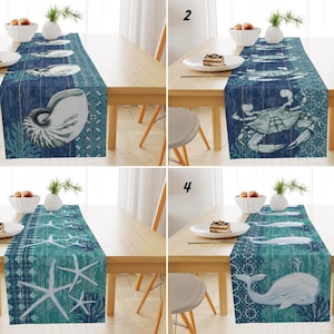 Camino de mesa con conchas marinas, mantel con cangrejos, mantelería con estrellas de mar, mantel con ballenas, decoración costera en azul y verde azulado, decoración marina
