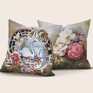 Floral & Animal Tapestry Pillow Cover, White Swans Gobelin Throw Pillow Cases, Floral Woven Cushion Cover, Nature Tapestry Cushion Case