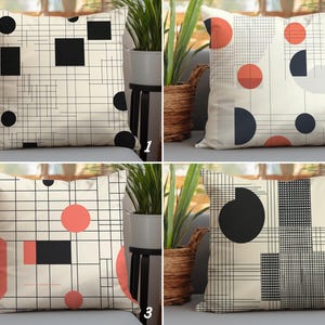 Minimalistische kussensloop met lijntekeningen, kussenhoes geometrisch raster, abstracte kussensloop, kussenhoes zwarte cirkel vierkante lijnen, modern decor