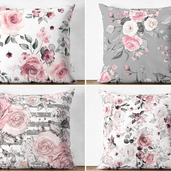 Luxury Pink Rose Pillowcases, Pink Gray Cushion Cover, Cottage Style Pillow Sham, Feminine Cushion Case, Floral Home Decor, House Gift