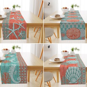 May include: Four different table runners with a beach theme. Each runner features a different design with a coral and turquoise color scheme. The designs include starfish, seashells, and a seahorse.