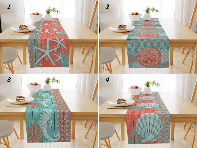 Runner Seashell Coastal Table Runner: Coral, Teal, Starfish and Seashell Design - Etsy