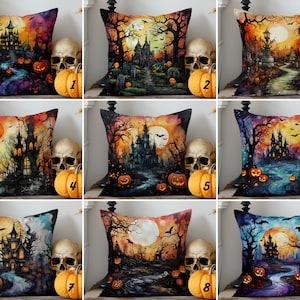 Halloween Castle and Pumpkins Pillow Cover, Dark Halloween Lumbar Pillowcase, Haunted House Cushion Cover, Bats in Moonlit Night Pillow Sham