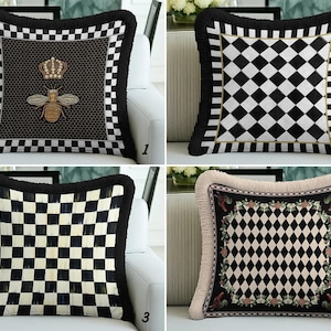 Diamond Check Velvet Pillow Cover, Checkered Cushion: Black & White - Fringe Edge Accent