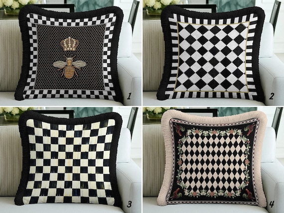 Diamond Check Velvet Pillow Cover, Checkered Cushion: Black & White - Fringe Edge Accent