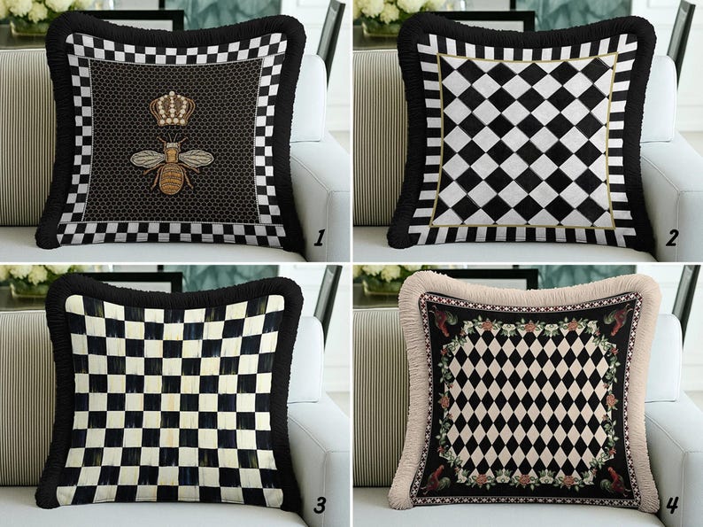 Funda de almohada de terciopelo con estampado de rombos, cojín a cuadros en blanco y negro con flecos en el borde. imagen 1