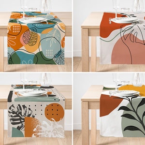 Leaf Pattern Runner with Onedraw Drawing on Colored Background, Abstract Table Decor, Modern Art Table Linen, Chic Abstract Leaves Runner