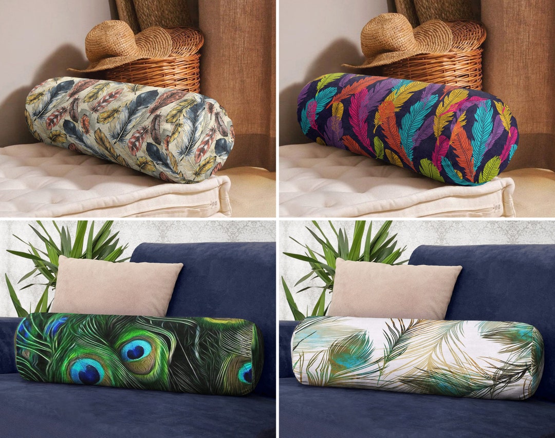 Feather Bolster Pillow, Peacock Feather Cylindrical Pillow, Colorful Bolster Cushion, Feather