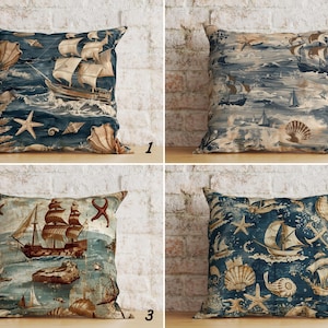 Funda de almohada con diseño de barco de vela, juego de fundas de cojín náutico, funda de almohada oceánica, funda de almohada marítima, decoración de casa de lago, decoración costera retro