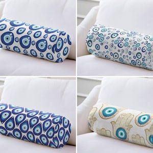 Blue Bead Bolster Pillow, Evil Eye Cylindrical Pillow, Good Luck Bolster Cushion, Blue Neckroll Pillow, Turkish Blue Eye Bolster Pillow