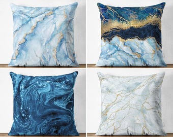 Marmor Muster Kissenbezug: Blau- und Golddesign (Reißverschluss, verschiedene Größen)