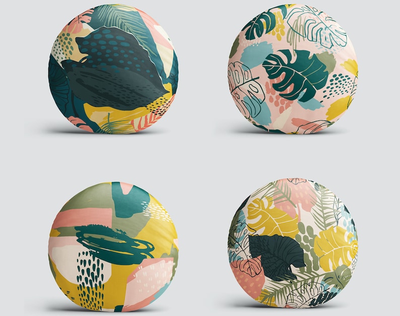 Boho Round Pillow, Abstract Leaves Pattern (Indoor and Outdoor Use) image 2