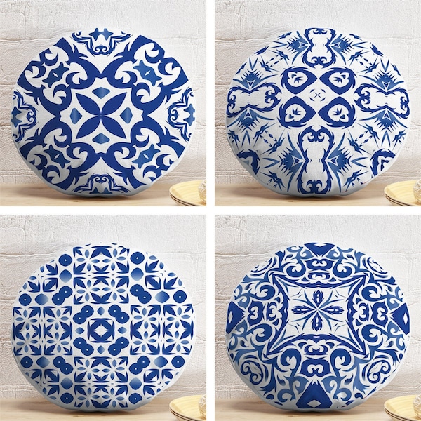 Tile Round Pillow, Spanish Tile Circle Pillow, Moroccan Tile Round Cushion, Navy Blue & White Round Pillow and Insert, Ethnic Room Deco