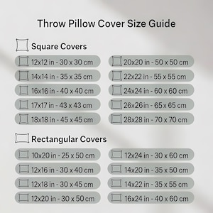 The image provides a guide for throw pillow covers and rectangular covers, listing the sizes and corresponding dimensions for each type of cover.