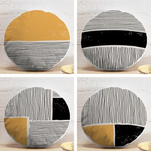 Abstract Round Pillows, Minimalist Round Cushion, Mid Century Circle Pillow, Boho Cushion Cover, Yellow & Black Round Pillow and Insert