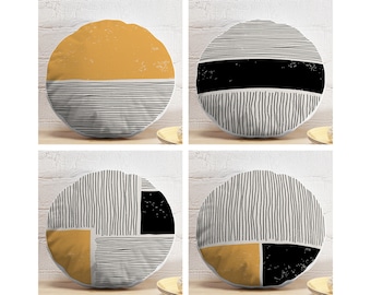Abstract Round Pillows, Minimalist Round Cushion, Mid Century Circle Pillow, Boho Cushion Cover, Yellow & Black Round Pillow and Insert