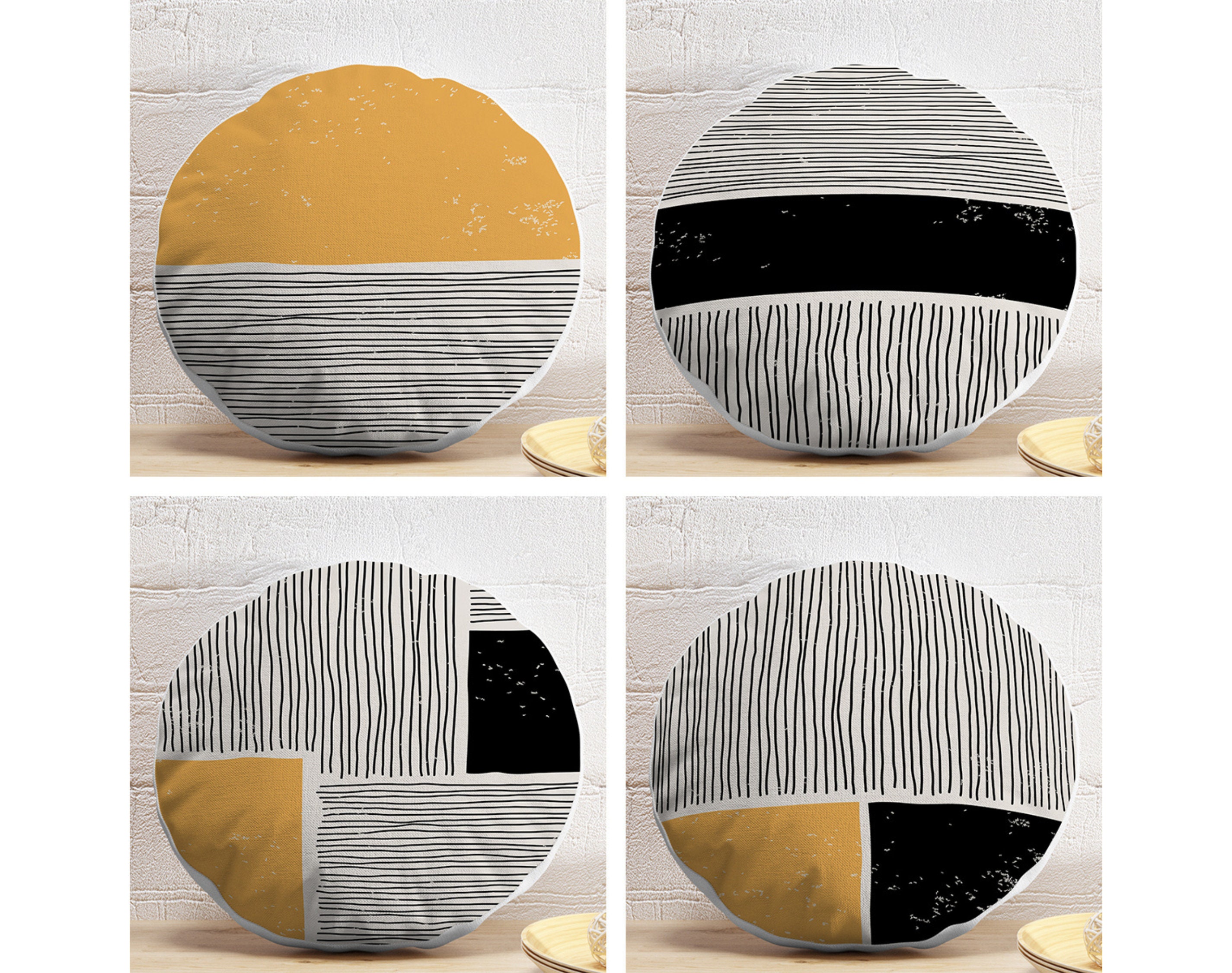 Abstract Round Pillows, Minimalist Round Cushion, Mid Century Circle Pillow, Boho Cushion Cover, Yellow & Black Round Pillow and Insert