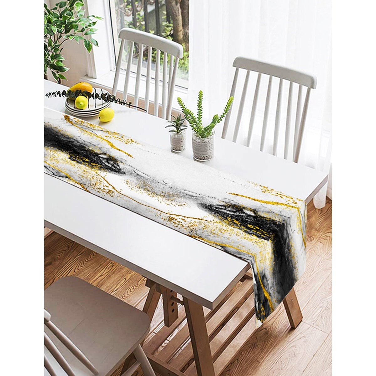 Modern Black White Gold Marble Pattern Table Runner, Grey Marble Table ...