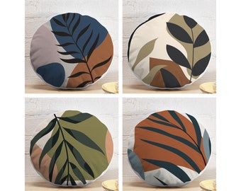 Coussin rond feuilles abstraites, coussin rond couleurs de l'automne, coussin rond minimaliste, oreiller rond notionnel et insert, déco de canapé automne