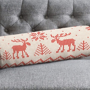 Vintage Weihnachts-Bolster-Kissen, Fair Isle Design Bolster-Kissen, Strickmuster, zylindrisches Kissen, Rentier-Couch-Dekor, Weihnachtsgeschenke