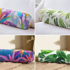 Bladeren versterken kussen, kleurrijke bladeren versterken kussen, tropische bladeren versterken kussensloop, nekrolkussen groene bladeren, cilindrisch kussen