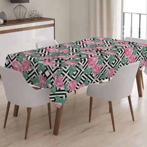 Geometric Tablecloth, Pink Flowers Dining Tablecloths, Rectangle Kitchen Table Cover, Rose Pattern Table Sheet, Botanical Table Decor