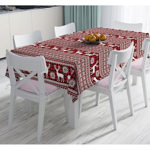 New Year Tablecloth, Christmas Deer on Plaid Background Tablecloth, Farmhouse Christmas Kitchen Table Cover, Ideas for Christmas Table Decor