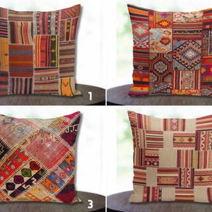 May include: Four decorative throw pillows with patchwork designs. Each pillow features a unique arrangement of rectangular and square fabric patches in various colors, including red, orange, brown, and beige. The pillows are displayed on a dark surface.