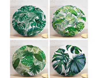 Tropical Leaves Round Pillow, Jumbo Monstera Leaf Circle Pillow, Palm Springs Round Cushion, Green Round Pillow and Insert, Leaf Chair Pad