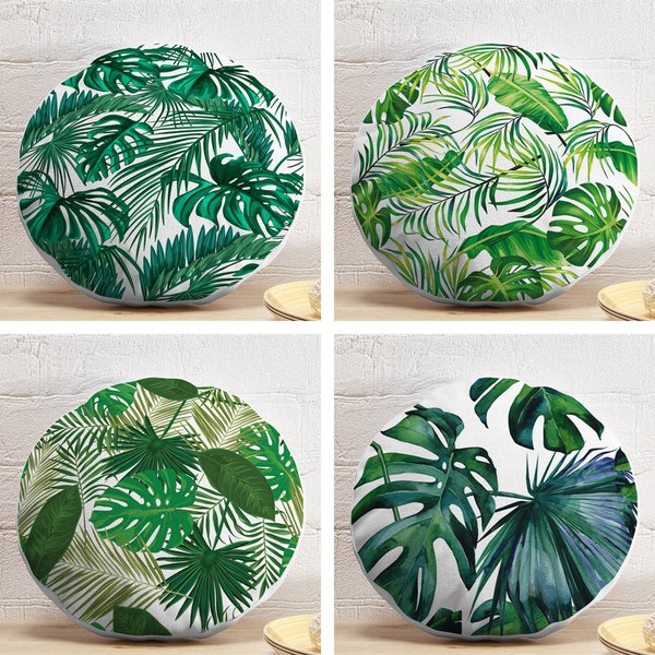 Oreiller rond feuilles tropicales, oreiller rond feuilles de Monstera géant, coussin rond Palm Springs, coussin rond vert et insert, coussin de chaise feuille