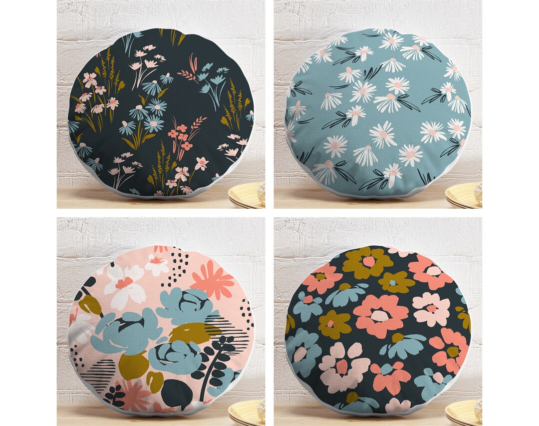 Floral Round Pillows, Colorful Flower Circle Pillow, Black Blue Round