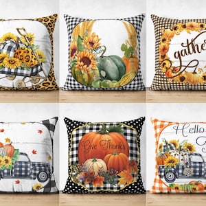 ひまわり柄の枕カバー、秋のプリント柄クッションカバー、秋のホームデザイン、チェック柄パンプキン柄の枕カバー、秋のガーデンギフト、バルコニーの装飾