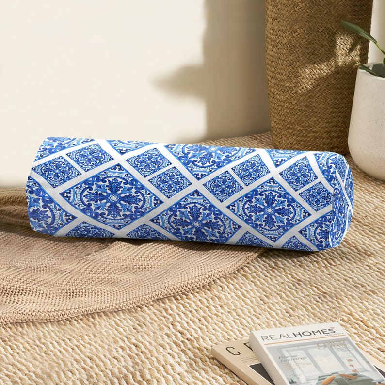 Blue Tile Bolster Pillow, Blue White Cylindrical Pillow, Moroccan Style