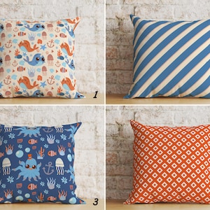 Funda de cojín con lindas criaturas marinas, funda de almohada con forma de narval, funda de almohada con forma de pulpo, funda de almohada con diseño náutico a rayas, decoración marina en naranja y azul