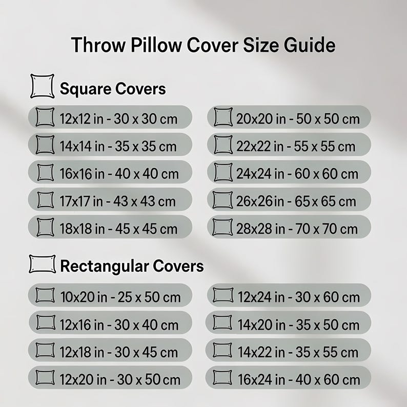 The image provides a guide for throw pillow covers and rectangular covers, listing the sizes and corresponding dimensions for each type of cover.