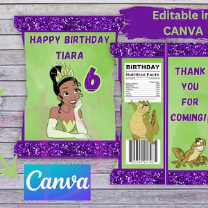 May include: Printable chip bag design featuring a cartoon image of Princess Tiana from Disney's The Princess and the Frog. The bag is green with purple glitter accents and says "Happy Birthday Tiana" and "6". The back of the bag has a nutrition facts label with a cartoon image of a green alligator. The other side of the bag says "Thank You for Coming!" with a cartoon image of a green frog.