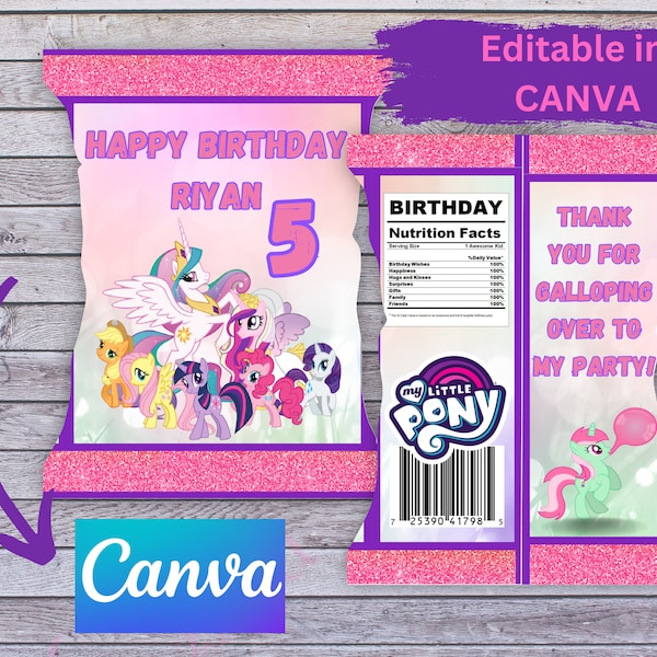 Editable My Little Pony Chip Bag | Birthday Chip Bag | Canva Chip Bag | My Little Pony Digital Download | 1oz Chip Bag Digital | Party Favor