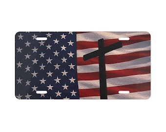 Placa de carro com a bandeira americana e cruz, placa patriótica para carro