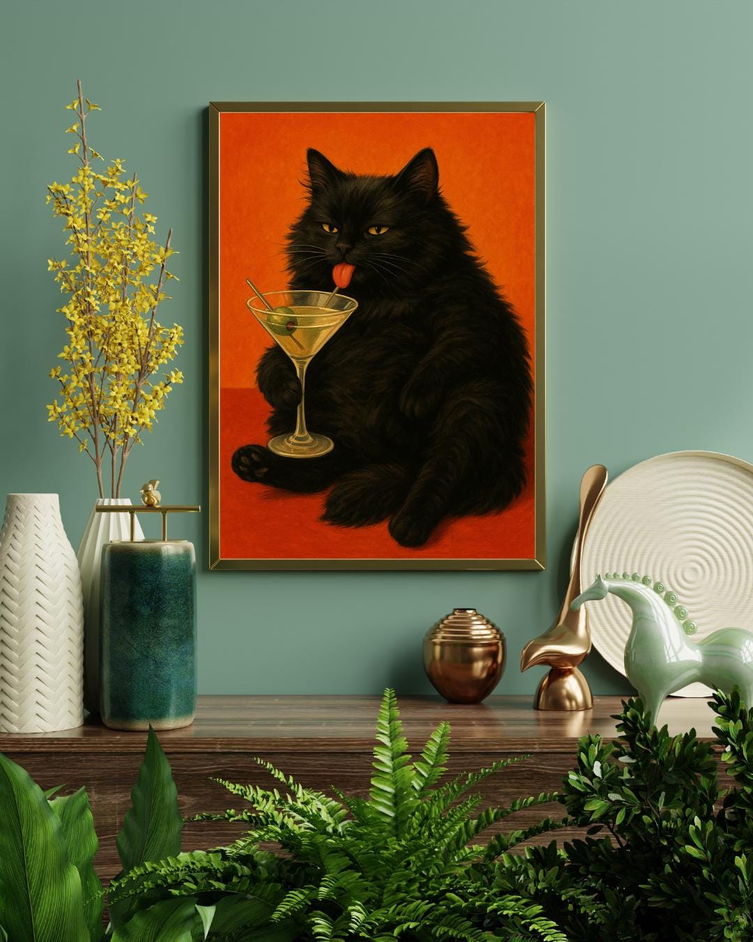 Retro Black Cat Martini Wall Art Bar Cart Decor Cocktail Art Bar Decor ...