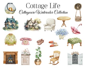 Zestaw akwarelowych clipartów Cottagecore, rustykalne ilustracje vintage (do pobrania w wersji cyfrowej)
