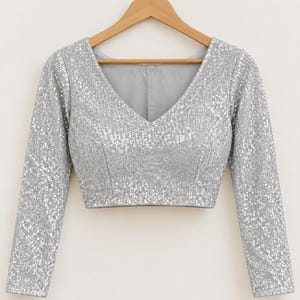 Dam Silver Paljett Sari Blusar Långärmade Färdiga Designer Choli V-ringade Festklädsel Topp Cocktailparty