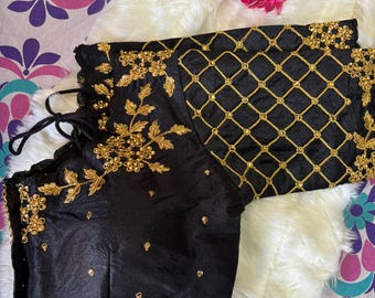 Handmade Black Phantom Silk Saree Blouse, Golden Handwork, Stitched Blouses For Sarees